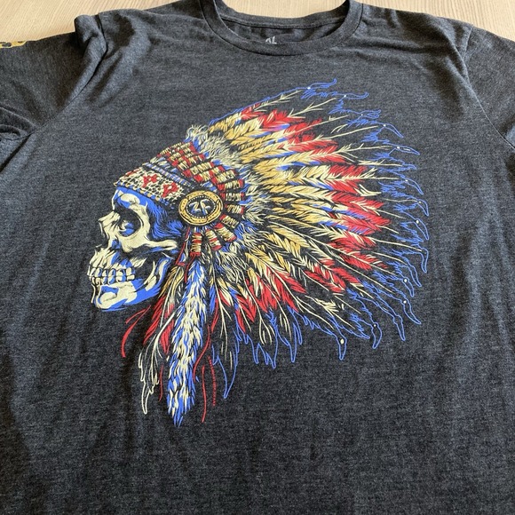 Zero Foxtrot USA Mens XL Graphic Grey Crew Neck Tee Indian Skull Warchief - Picture 4 of 8